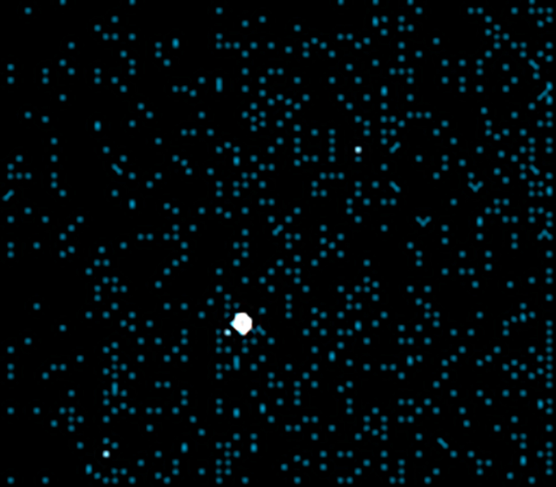 The big blob is Jupiter. The three tiny dots that are brighter than all the other dots are three of Jupiter’s moons. (Image: Alex Pietrow)